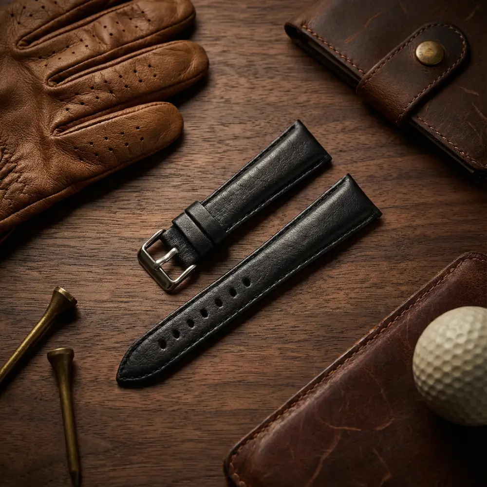 Golf Hakiki Deri Saat Kayışı 22x18mm Klasik Yarım Bombeli Siyah
