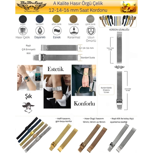 Has�r �rg� �elik Kad�n Saat Kordonu - �ift Emniyetli Kilit - 5 Renk Se�ene�i