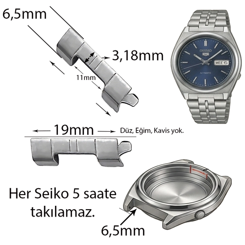 Seiko5 Uyumlu 19mm �elik Saat Kordonu Kasa Giri�i Kulakl� D�z Model