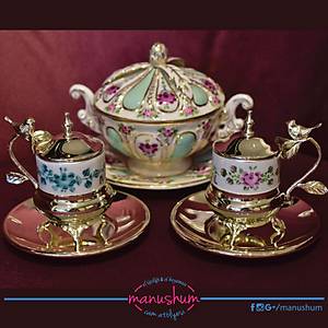 El Boyama Porselen G�m�� Kaplama Ku�lu Fincan - Z�mr�t �i�ekli