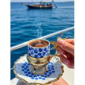 El Boyama Porselen Gold Zarfl� ve Tabakl� Yaprakl� Fincan