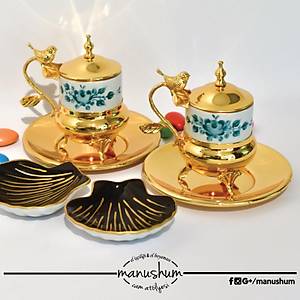 El Boyama Porselen Gold Zarfl� Fincan - Z�mr�t �i�ekli