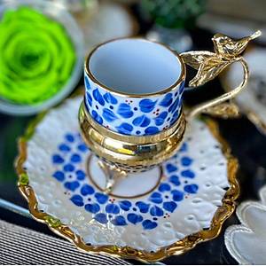 El Boyama Porselen Gold Zarfl� ve Tabakl� Yaprakl� Fincan