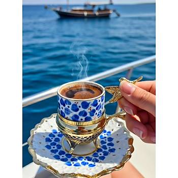 El Boyama Porselen Gold Zarfl� ve Tabakl� Yaprakl� Fincan