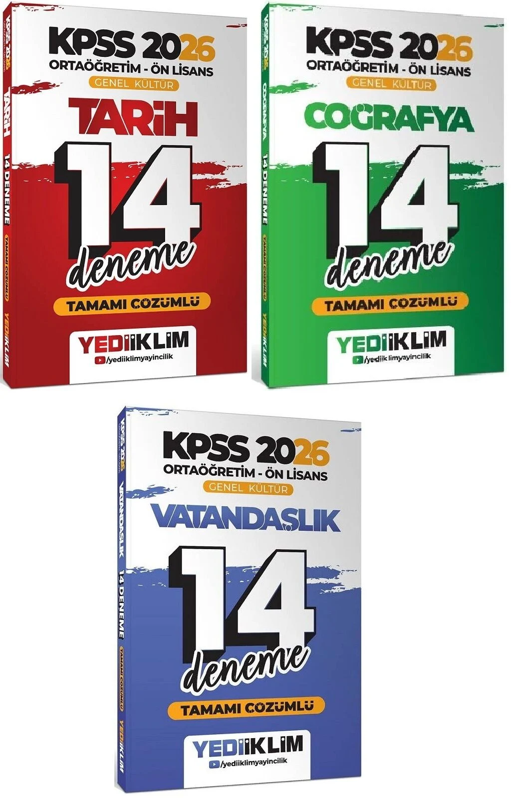 Yediiklim Yayınları 2026 KPSS Lise Ortaöğretim Ön Lisans Tarih + Coğrafya + Vatandaşlık 42 Deneme 3 lü Set