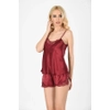 Bordo Saten Babydoll ortlu Takm - 281