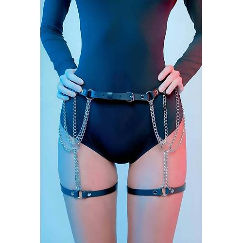 Zincir Detayl Seksi Deri Belden Askl Bacak Jartiyer Harness - APFT1323