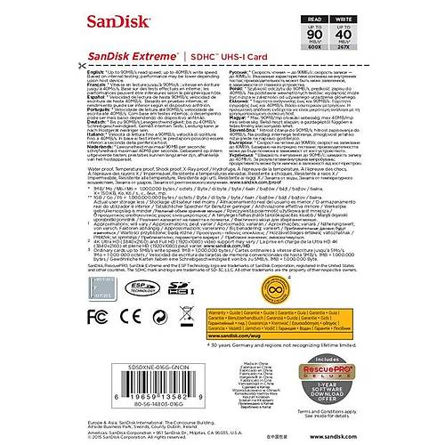 SanDisk Extreme SDHC Card 16GB 90MB/s Class 10 UHS-I U3