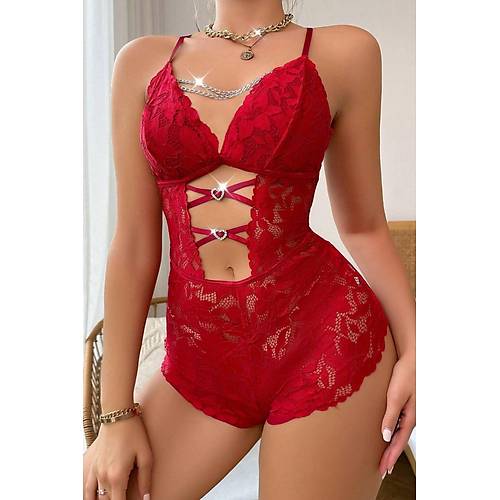 DuygumStore Krmz Zincir Detayl Dantelli Babydoll 15098