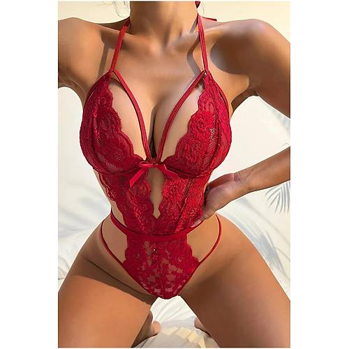 k Krmz Dantelli Babydoll Gecelik TM1302