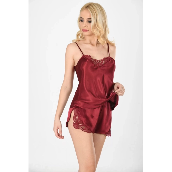 Bordo Saten Babydoll ortlu Takm - 281