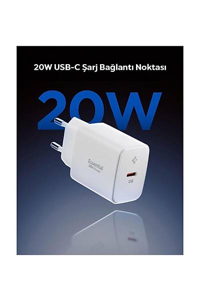 Spigen 20W USB-C Mini H�zl� �arj Alet / Is� D���r�c� GaN Destekli Ak�m Korumal� G�� Adapt�r� ACH087019 Beyaz