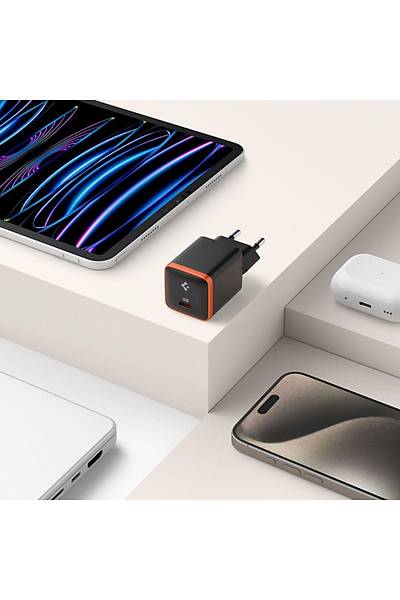 Spigen 30W USB-C Ultra Mini Hzl arj Aleti Samsung PPS / Is Drc GaN Destekli Akm Korumal G Adaptr ACH08448 Siyah
