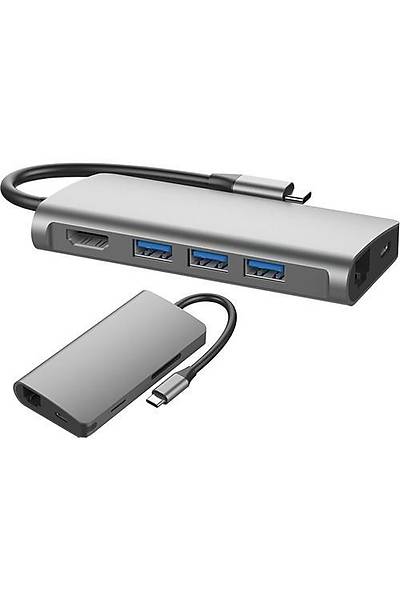 S-link Swapp SW-U5205 Gri Metal 7 in 1 3 port USB 3.0 Type C Hub Adaptör (Resmi Distribütör Garantili)