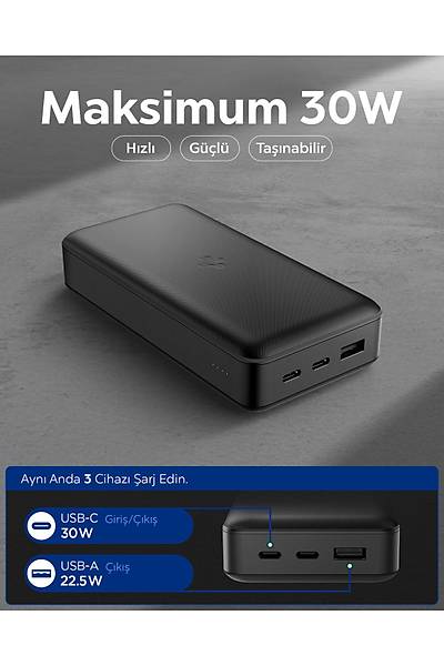 Spigen Essential 30000 mAh 30W USB-C + USB-A Giri� / ��k�� H�zl� �arj 3 Portlu Powerbank Siyah ABA09435