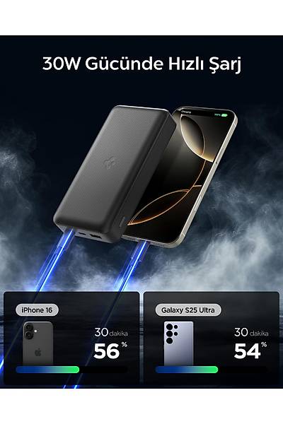 Spigen Essential 30000 mAh 30W USB-C + USB-A Giri� / ��k�� H�zl� �arj 3 Portlu Powerbank Siyah ABA09435