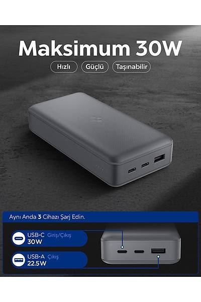 Spigen Essential 30000 mAh 30W USB-C + USB-A Giri� / ��k�� H�zl� �arj 3 Portlu Powerbank Gray ABA09436