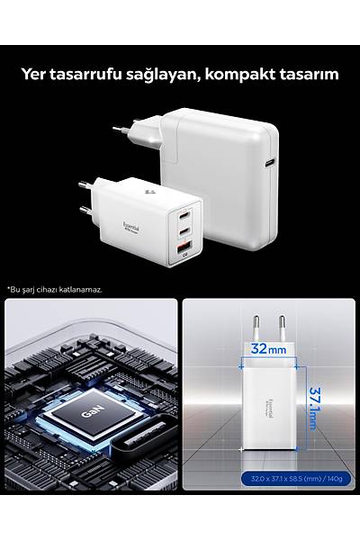 Spigen Essential Wall Charger 67W USB-C + USB-A 3 Port H�zl� �arj Adapt�r�  - ACH08710