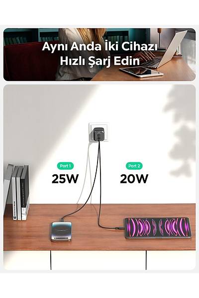 Spigen ArcStation Pro GaN 452 45W 2 Port USB-C G�� Adapt�r� Beyaz ACH05155