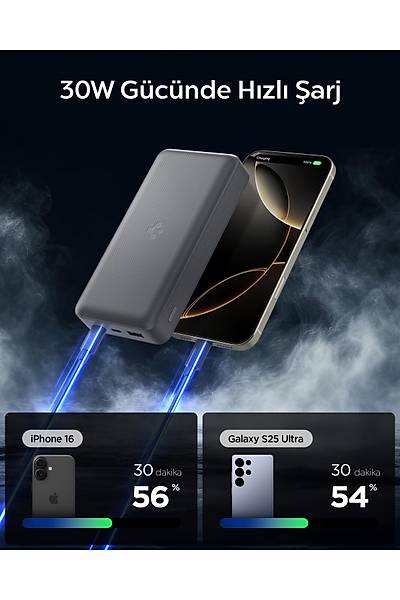 Spigen Essential 30000 mAh 30W USB-C + USB-A Giri� / ��k�� H�zl� �arj 3 Portlu Powerbank Gray ABA09436