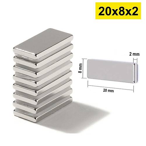 20x8x2 mm, Köşeli Neodyum Mıknatıs, Güçlü Magnet, (Boy:20mm, En:8mm, Kalınlık:2mm)