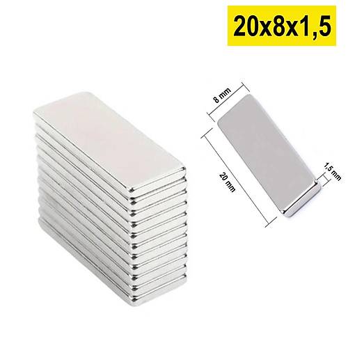 20x8x1,5 mm, Köşeli Neodyum Mıknatıs, Güçlü Magnet, (Boy:20mm, En:8mm, Kalınlık:1,5mm)