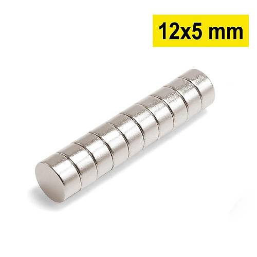 12×5 mm, Yuvarlak Neodyum Mıknatıs, Güçlü Magnet, (Çap: 12 mm, Kalınlık: 5 mm)