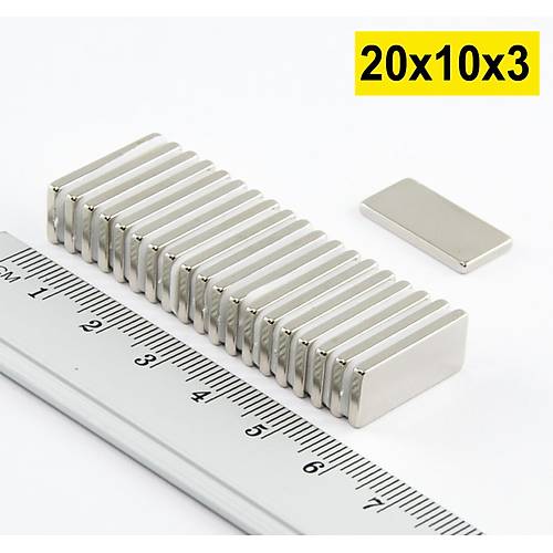 20x10x3 mm, Köşeli Neodyum Mıknatıs, Güçlü Magnet, (Boy:20mm, En:10mm, Kalınlık:3mm)