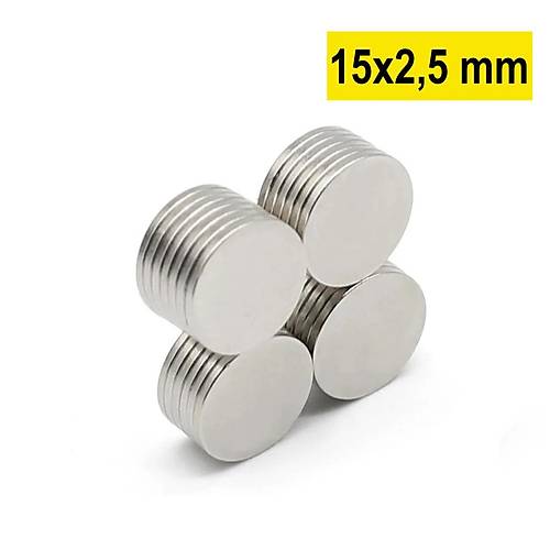 15×2,5 mm, Yuvarlak Neodyum Mıknatıs, Güçlü Magnet, (Çap: 15 mm, Kalınlık: 2,5 mm)