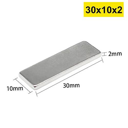 30x10x2 mm, Köşeli Neodyum Mıknatıs, Güçlü Magnet, (Boy:30mm, En:10mm, Kalınlık:2mm)