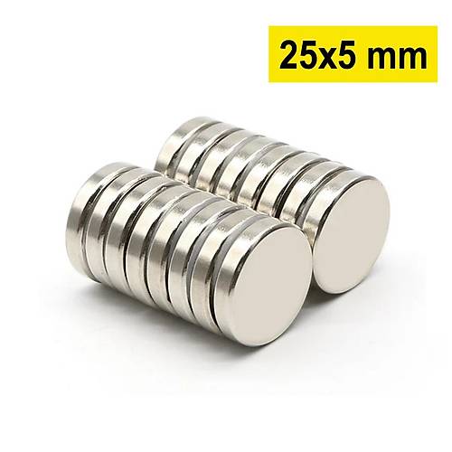 25×5 mm, Yuvarlak Neodyum Mıknatıs, Güçlü Magnet, (Çap: 25 mm, Kalınlık: 5 mm)