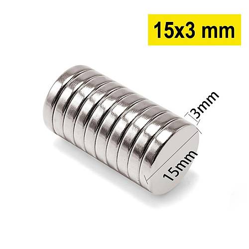 15×3 mm, Yuvarlak Neodyum Mıknatıs, Güçlü Magnet, (Çap: 15 mm, Kalınlık: 3 mm)