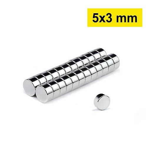 5x3 mm, Yuvarlak Neodyum Mknats, Gl Magnet, (ap: 5 mm, Kalnlk: 3 mm)