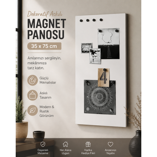 M�knat�sl� Beyaz Pano, Dekoratif, Magnet Panosu, 35x75 cm, Metal Pano
