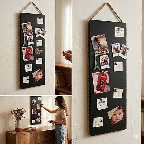 M�knat�sl� Siyah Pano, Dekoratif Halatl�, Magnet Panosu, 30x90 cm, Metal Pano