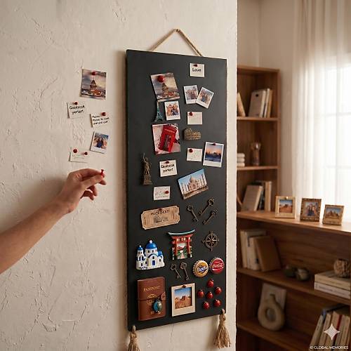 M�knat�sl� Siyah Pano, Dekoratif Halatl�, Magnet Panosu, 30x90 cm, Metal Pano
