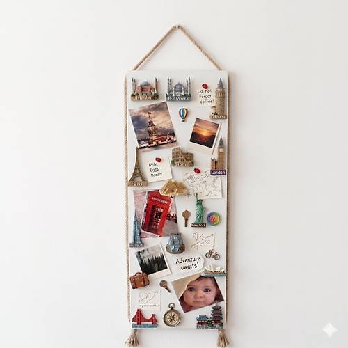 M�knat�sl� Beyaz Pano, Dekoratif Halatl�, Magnet Panosu, 30x90 cm, Metal Pano