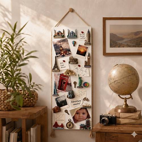 M�knat�sl� Beyaz Pano, Dekoratif Halatl�, Magnet Panosu, 30x90 cm, Metal Pano