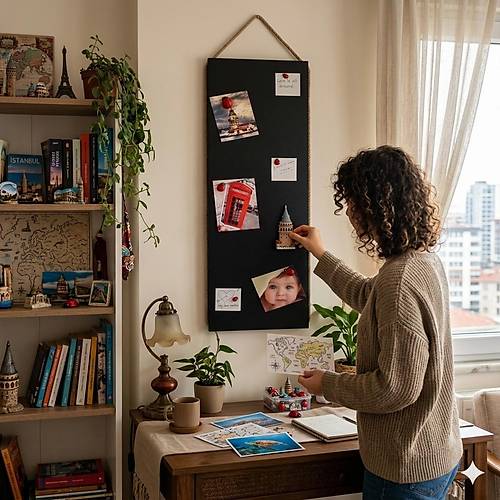 M�knat�sl� Siyah Pano, Dekoratif Halatl�, Magnet Panosu, 30x90 cm, Metal Pano