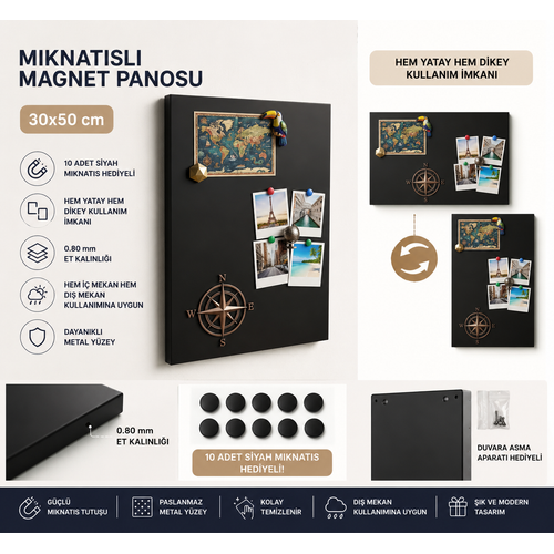 M�knat�sl� Siyah Pano, Dekoratif, Magnet Panosu, 30x50 cm, Metal Pano