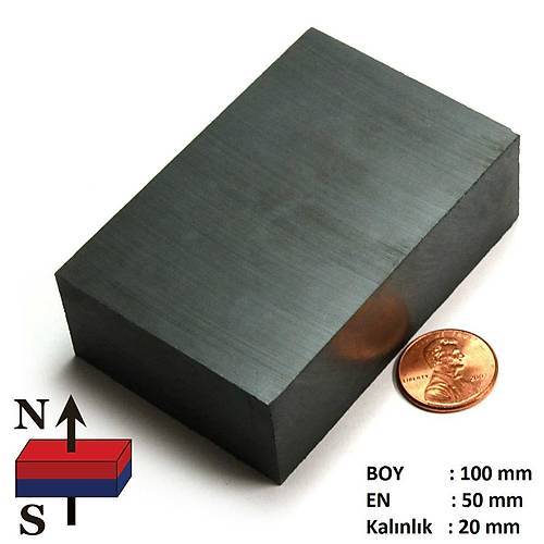 100x50x20 mm, Köşeli Ferrit Mıknatıs, Seramik, Oksit, Kömür Magnet (Boy:100mm, En:50mm, Kalınlık:20mm)