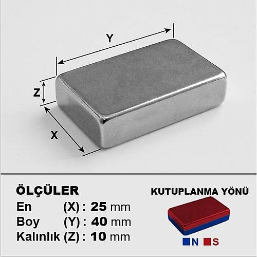 40x25x10 mm, Keli Neodyum Mknats, Gl Magnet, (Boy:40mm, En:25mm, Kalnlk:10mm)