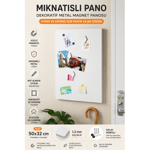 M�knat�sl� Pano Beyaz 50x32 cm Dekoratif Metal Magnet Panosu Not Foto�raf  Duvar Panosu