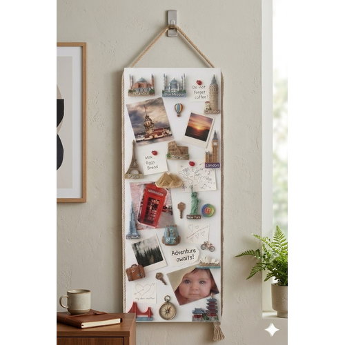 M�knat�sl� Beyaz Pano, Dekoratif Halatl�, Magnet Panosu, 30x90 cm, Metal Pano