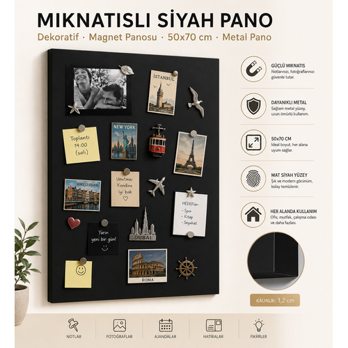 M�knat�sl� Siyah Pano, Dekoratif, Magnet Panosu, 50x70 cm, Metal Pano