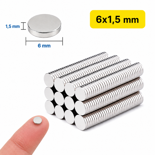 6x1,5 mm, Yuvarlak Neodyum M�knat�s, G��l� Magnet, (�ap: 6 mm, Kal�nl�k: 1,5 mm)