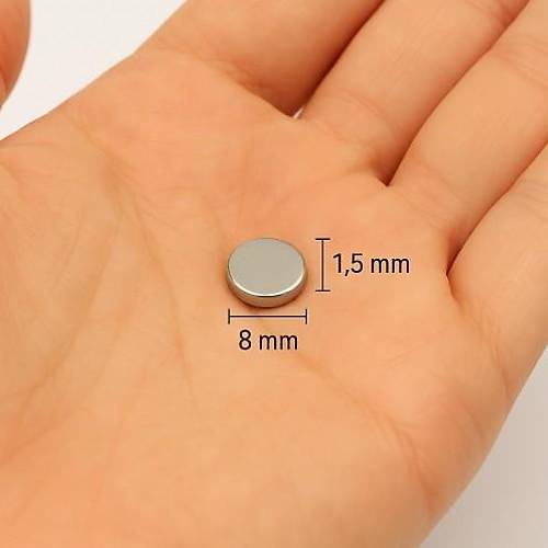 8x1,5 mm, Yuvarlak Neodyum M�knat�s, G��l� Magnet, (�ap: 8 mm, Kal�nl�k: 1,5 mm)