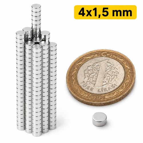 4x1,5 mm, Yuvarlak Neodyum M�knat�s, G��l� Magnet, (�ap: 4 mm, Kal�nl�k: 1,5 mm)