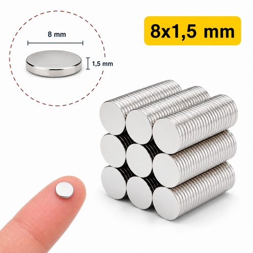 8x1,5 mm, Yuvarlak Neodyum M�knat�s, G��l� Magnet, (�ap: 8 mm, Kal�nl�k: 1,5 mm)