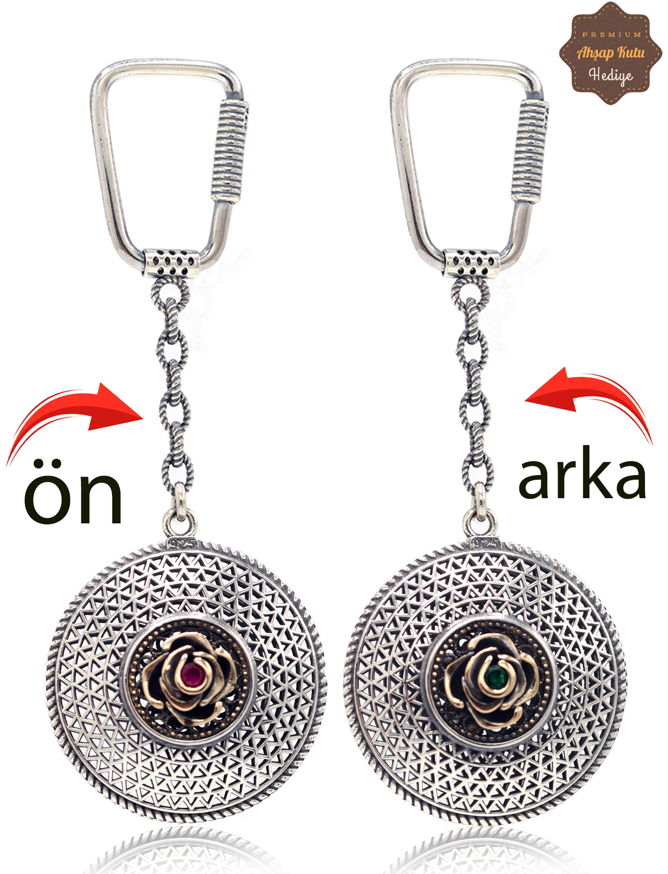 Yakut ve Zümrüt Taşlı Çiçek Model Çift Taraflı Oksitli Gümüş Telkari Anahtarlık 201025176